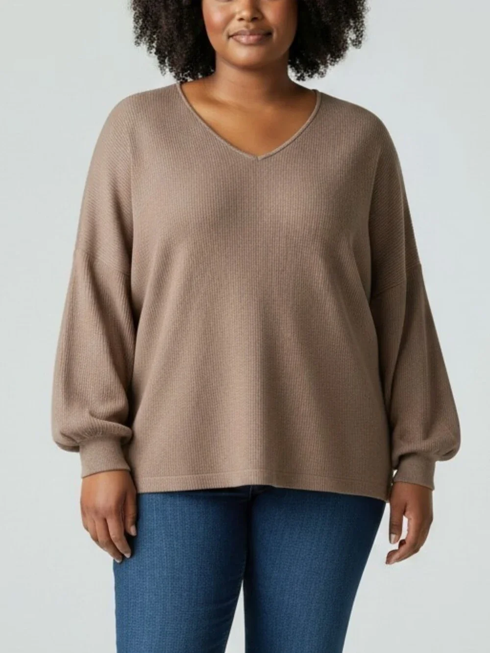 New a.n.a V-Neck Balloon-Sleeve Waffle Knit Top in Brown 3X